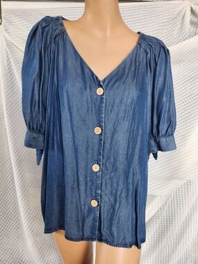 LC Lauren Conrad Denim-Blue V-Neck Button Front Blouse